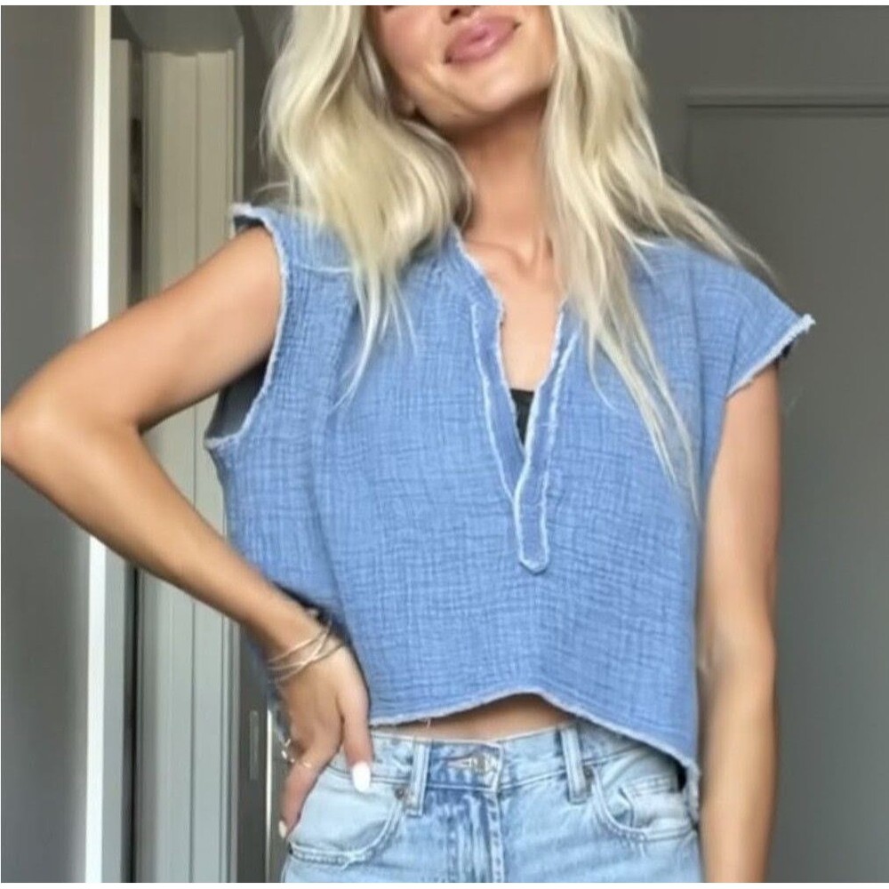 Aerie Size XL Pool-to-Party Cropped Gauze Top Blue Cotton Frayed Notch Neck Boxy